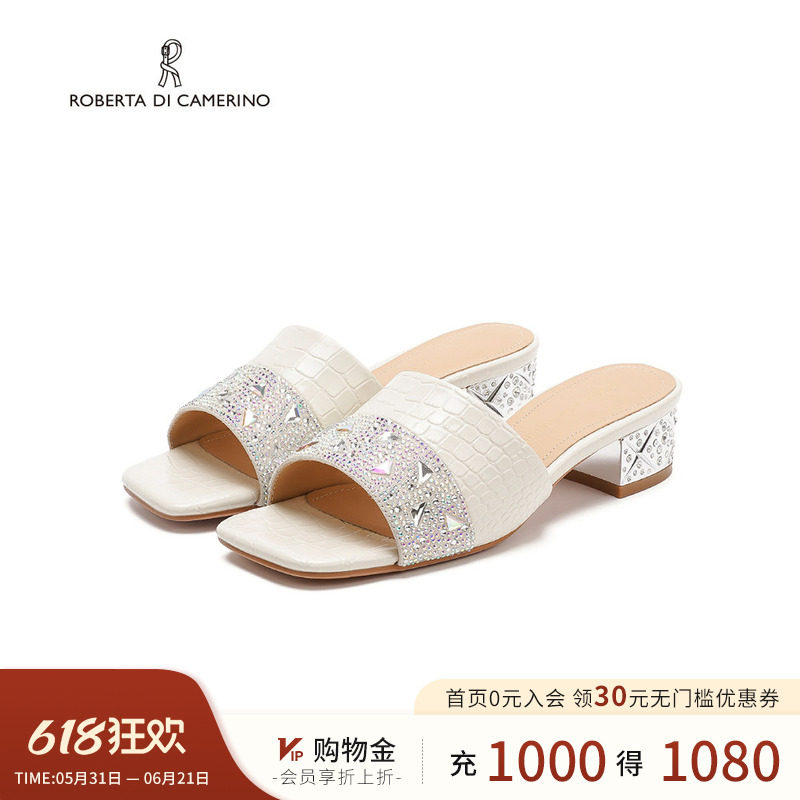 诺贝达2025夏季新款时尚水钻粗跟女凉鞋经典一字拖凉鞋RM257613
