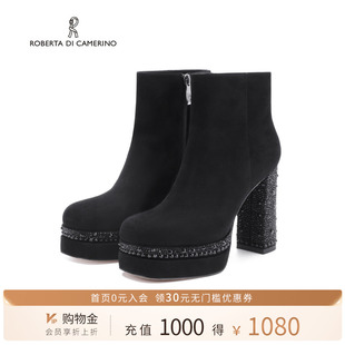 诺贝达粗跟时装靴冬季新款高跟女靴防水台中筒靴显瘦女靴RA254309
