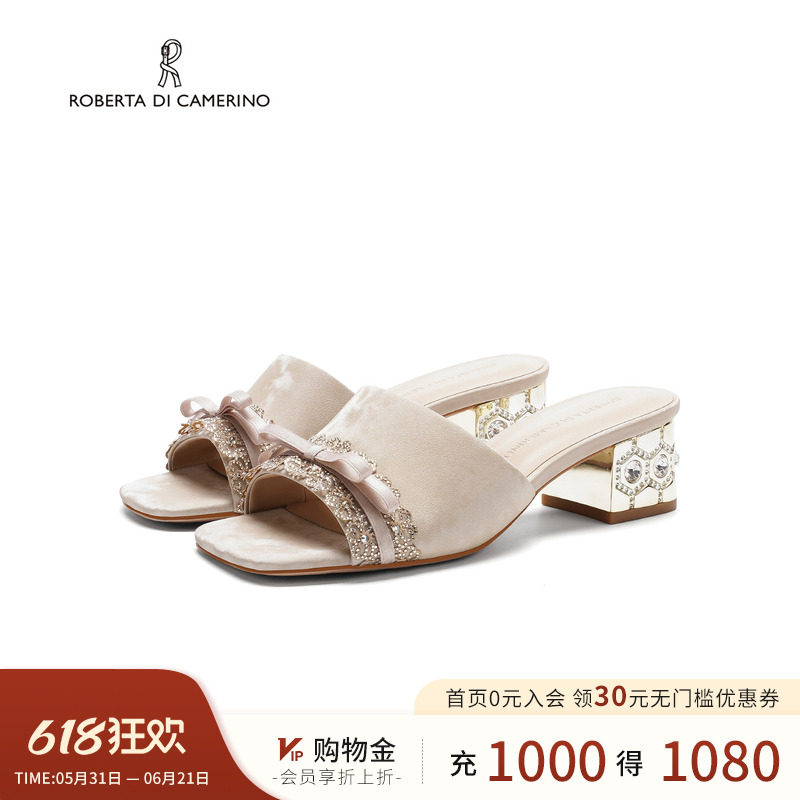 诺贝达2026夏季新款女拖鞋羊皮粗跟蝴蝶结沙滩休闲一字拖RM264320
