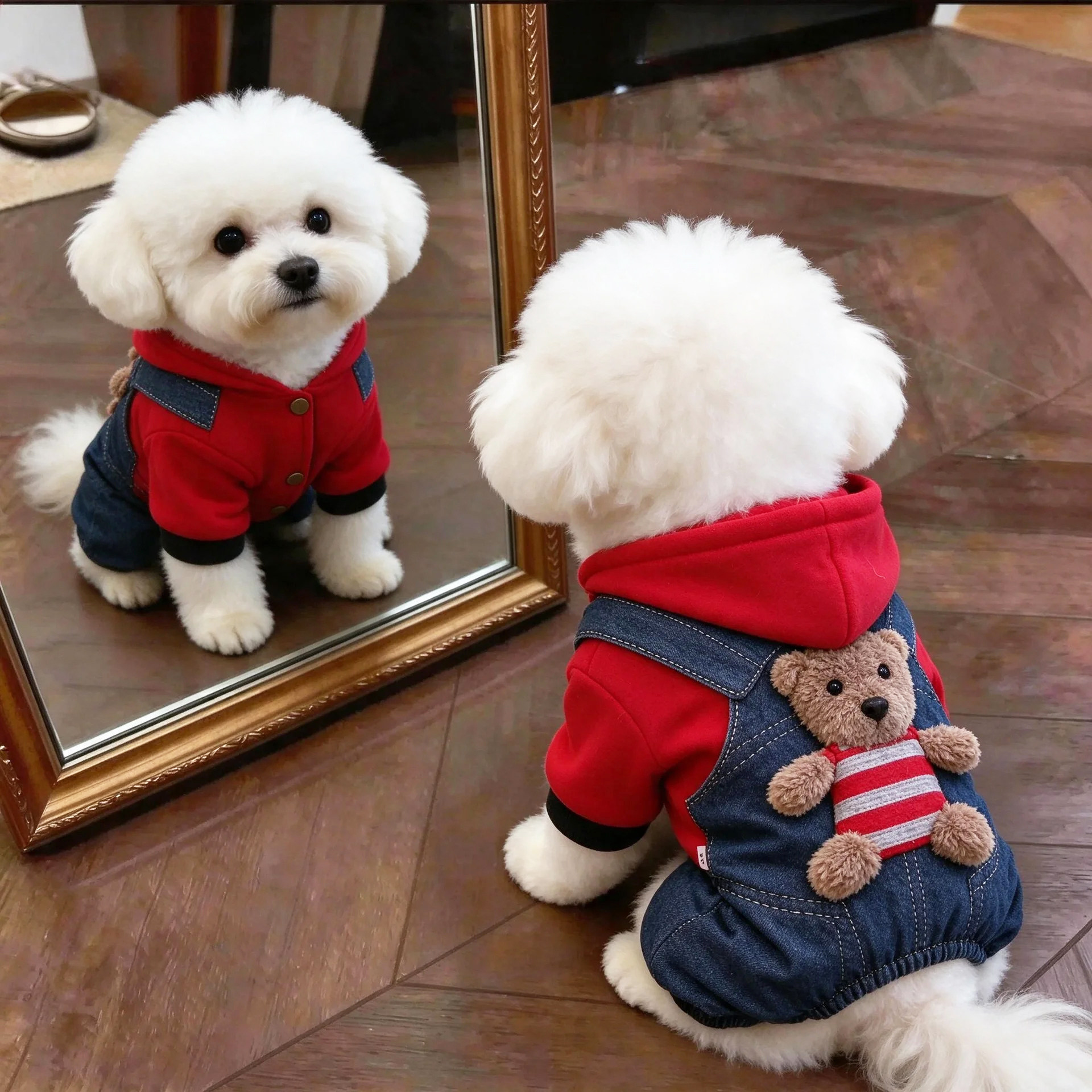 狗狗衣服秋冬保暖装小熊四脚衣泰迪比熊博美加绒小猫咪防寒带帽子
