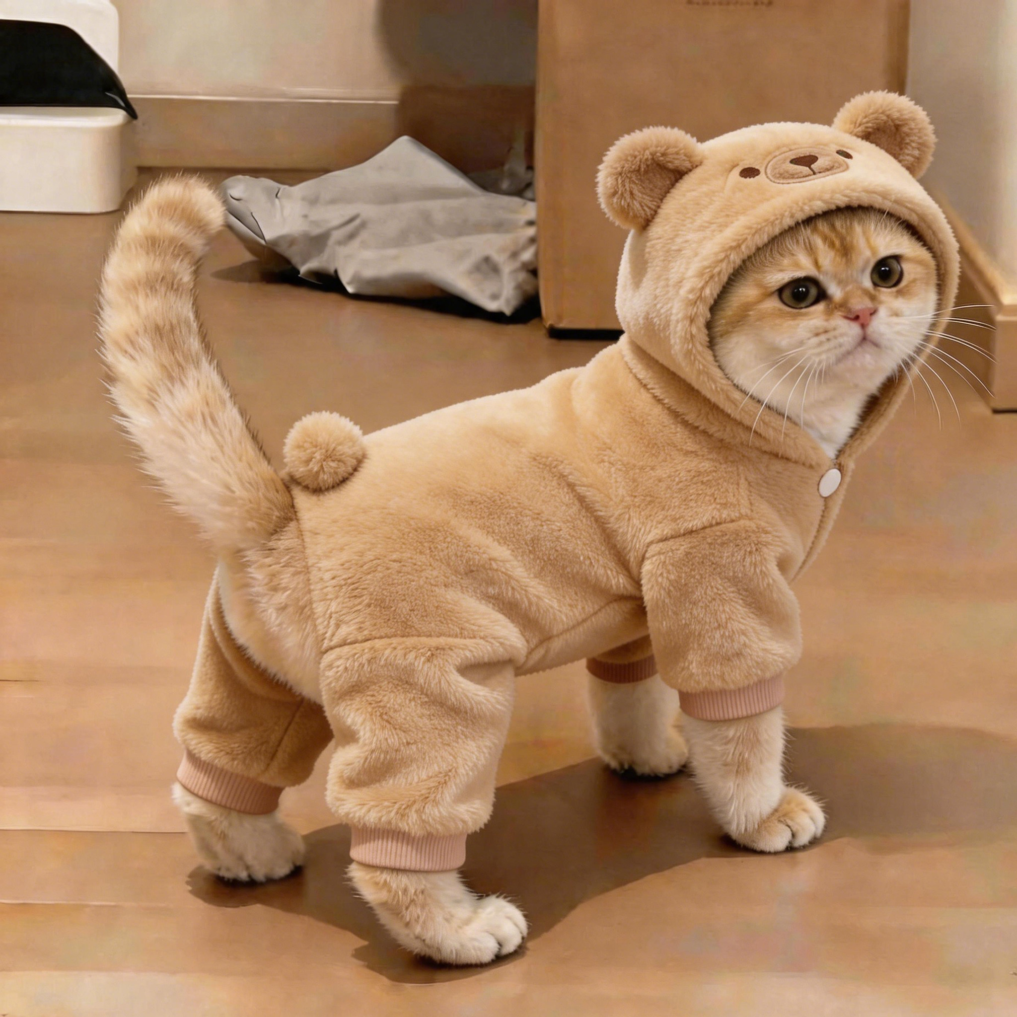 猫咪衣服秋冬装可爱四脚加厚保暖防掉毛护肚连帽宠物狗狗小熊棉衣