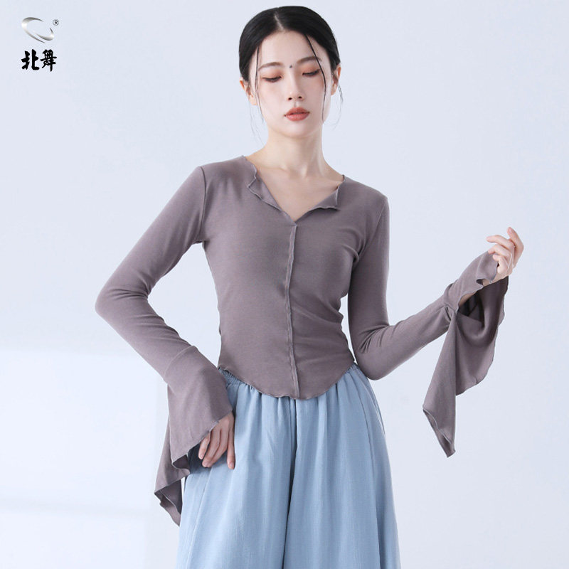 北舞现代舞练功服舞蹈显瘦V领修身日常练功服喇叭袖设计感长袖女,运动/瑜伽/健身/球迷用品,现代舞服装,淘宝优惠券,粉丝福利购,淘宝优惠卷