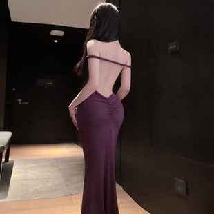 优雅人妻感礼服】挂脖露背褶皱包臀性感气质纯色连衣裙qqny晨袍女