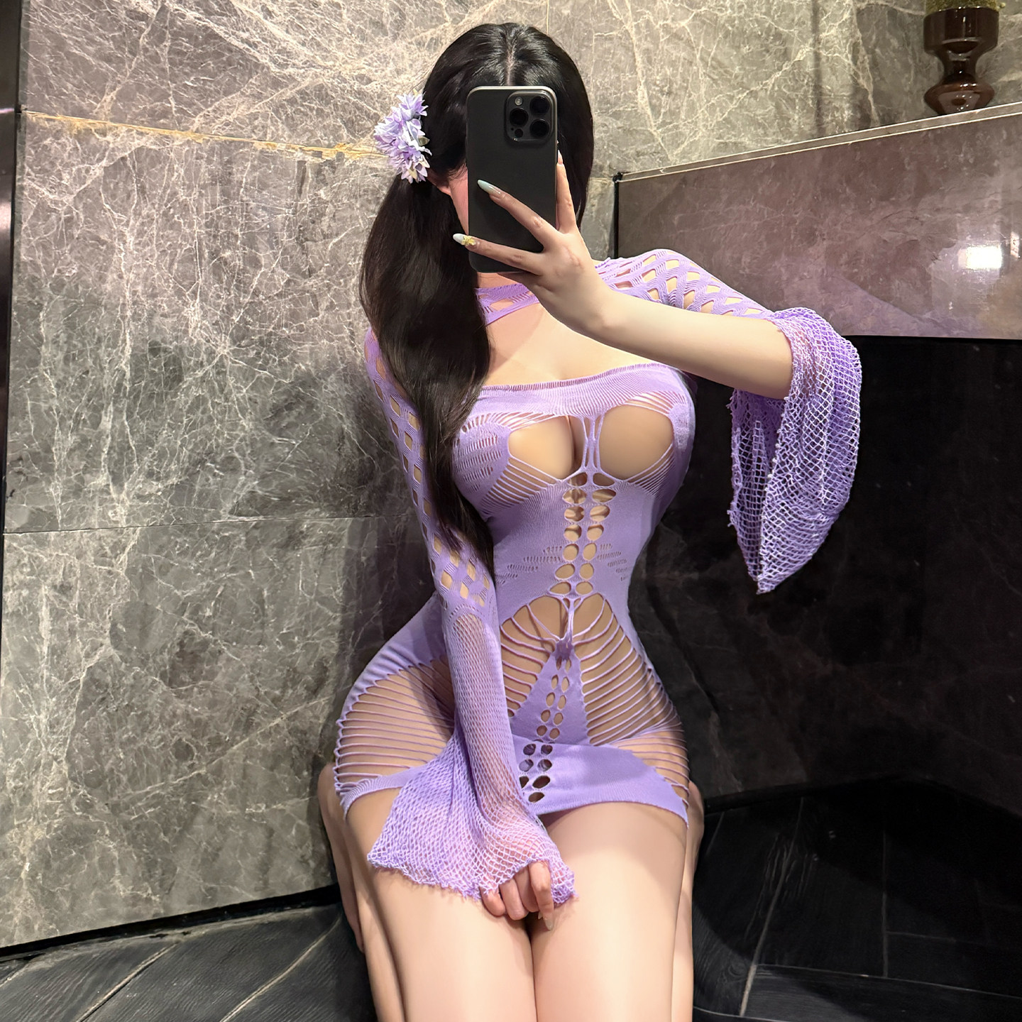 紫蝶】连身丝袜女长袖水袖网眼镂空包臀网衣纯欲辣妹睡衣家居内衣