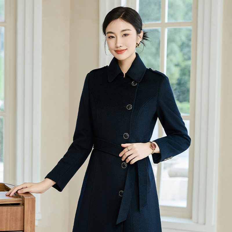 简约风双排扣羊毛呢大衣女中长款