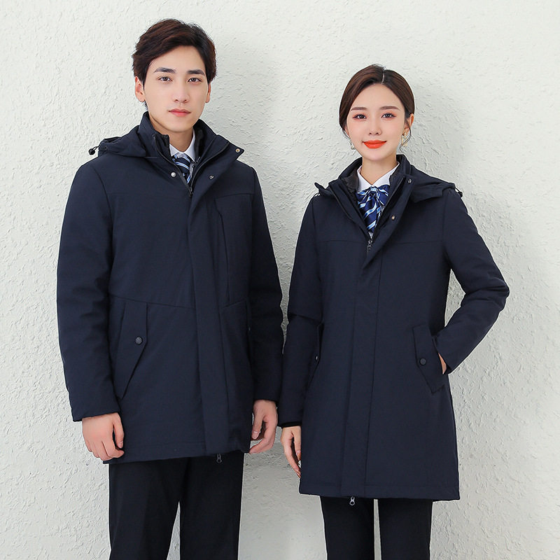 冬季男女款羽绒服中长款保暖白鸭绒外套银行公务员单位物业工作服