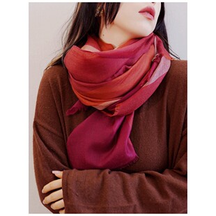 高端大气上档次 气质红黄绿拼色薄款山羊绒围巾女式洋气长款披肩