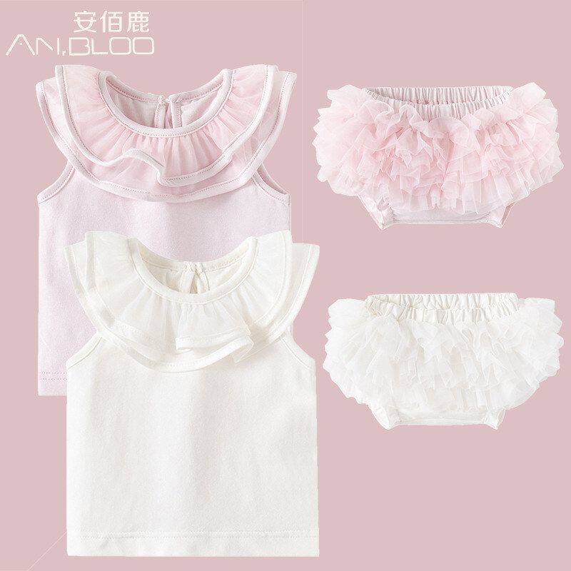 安佰鹿夏季薄款婴儿哈衣套装 a类纯色花边女宝宝包屁裤 圆领上衣