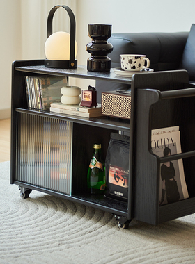 实木边几小茶几可移动客厅沙发侧边柜家用黑色小推车储物柜置物架