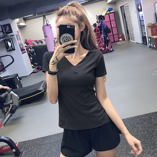 夏薄款速干透气健身训练服网红修身V领美背瑜伽运动短袖T恤女上衣