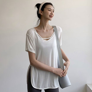 夏季 體育訓練普拉提瑜伽服罩衫 長款 遮臀t恤女 速干運動健身衣薄款