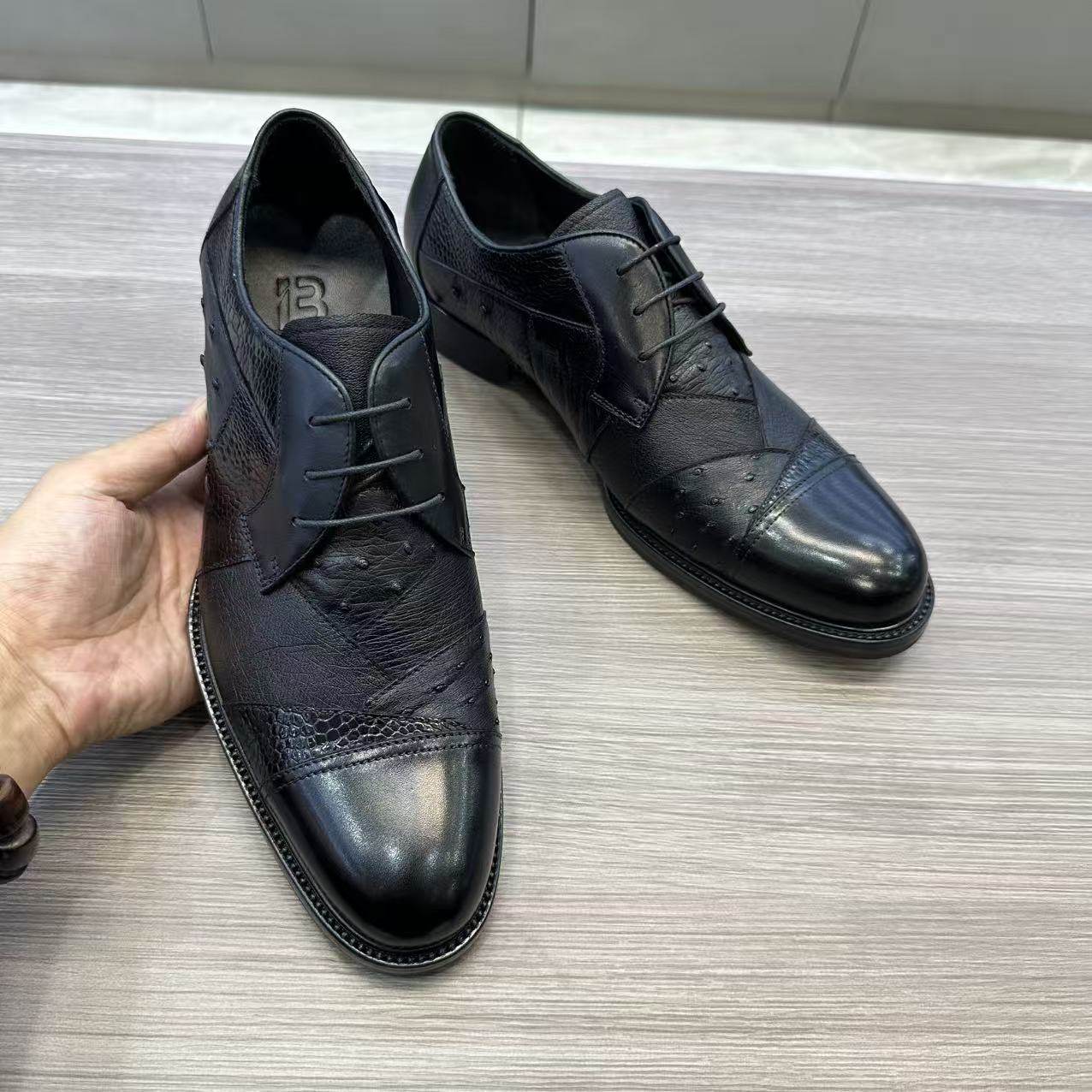 鸵鸟皮加牛皮系带商务正装皮鞋男