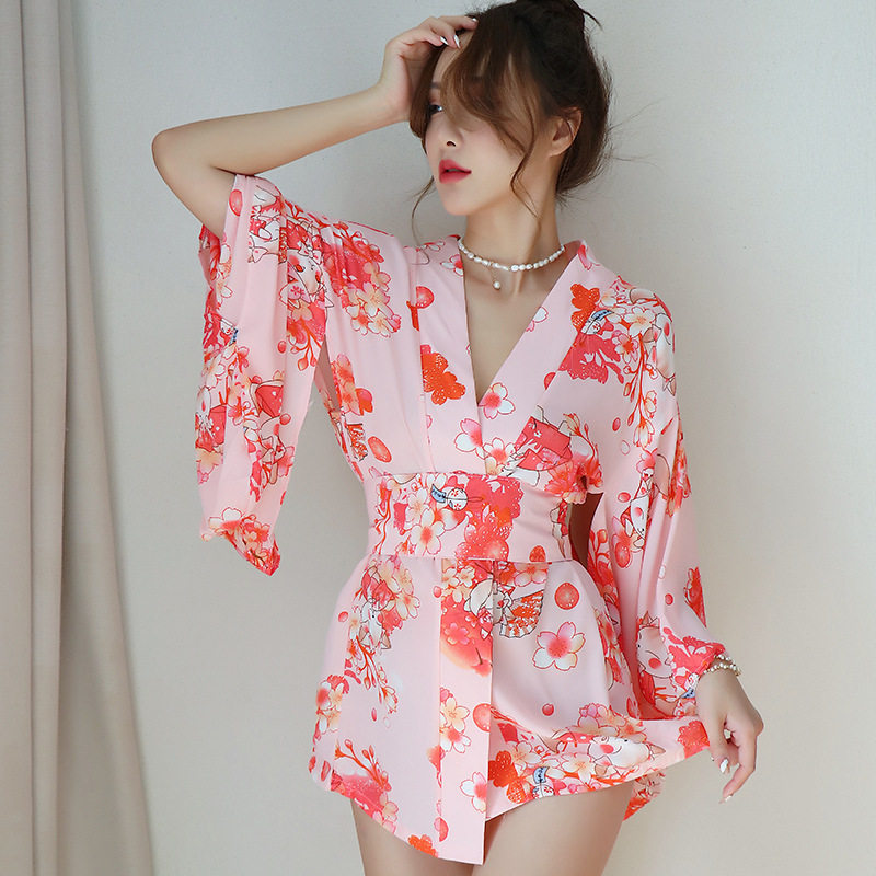 新款日式粉色和服诱惑性感可爱俏皮角色扮演开襟V领家居服套装女