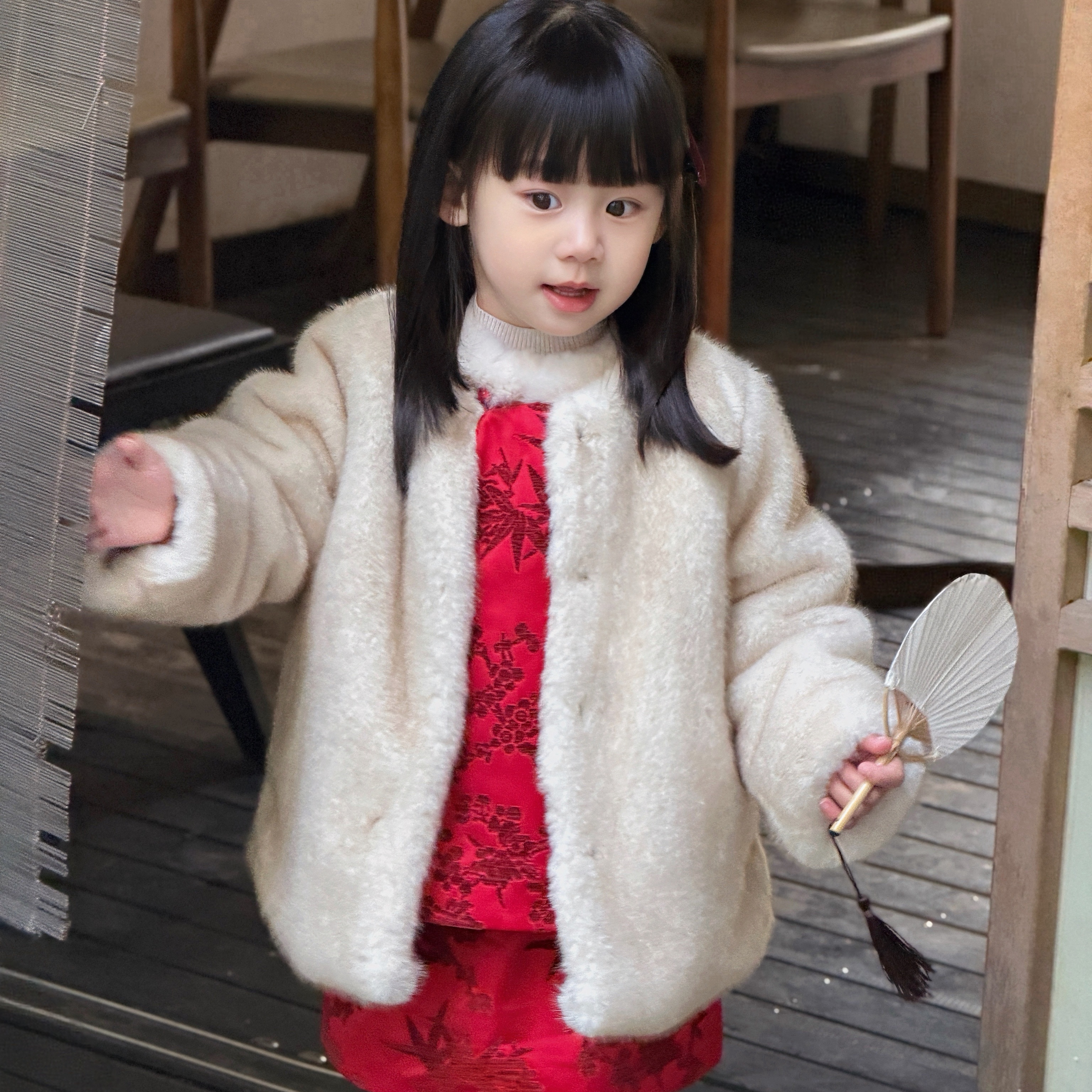 女童新中式红色仿貂毛冬款外套
