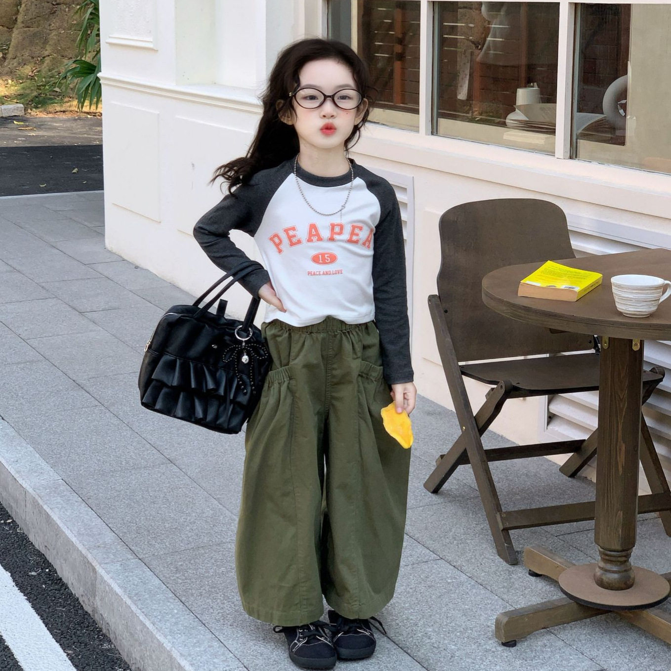 女童春季休闲工装风套装洋气字母印花插肩袖上衣阔腿裤两件套潮