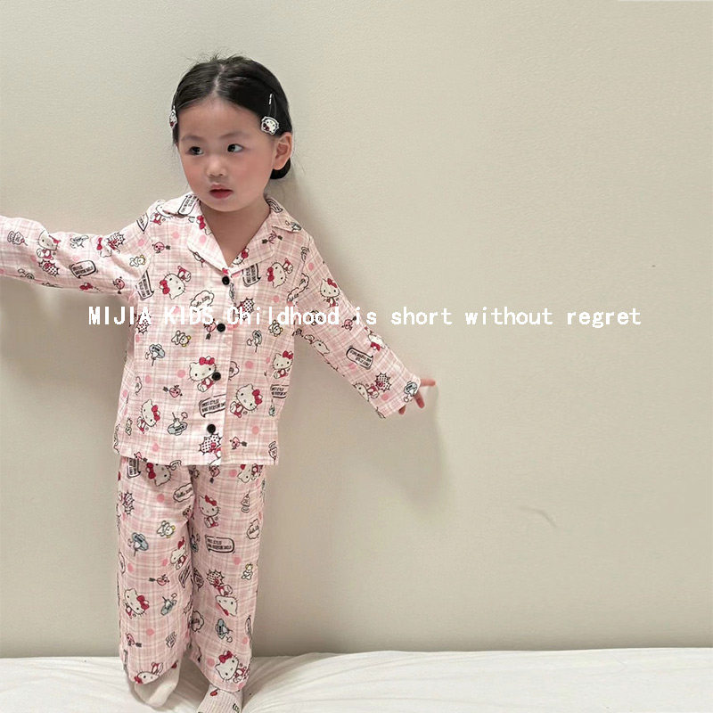 韩版童装女童纯棉家居服冬季新款小女孩粉色KT猫咪男童睡衣两件套