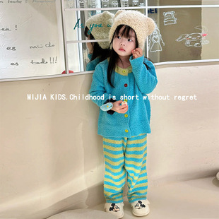 韩版童装条纹半边绒睡衣儿童202冬季新款加厚可外穿女童家居服