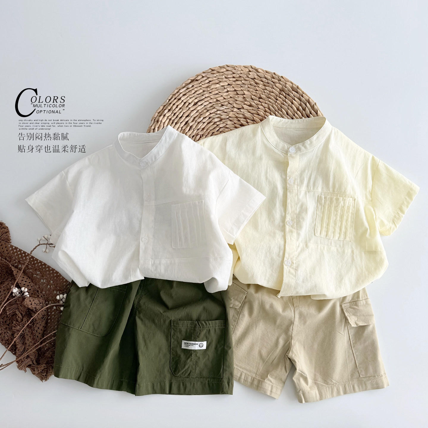 文艺国风！棉麻透气儿童短袖衬衫 男女宝宝宽松立领开衫休闲上衣