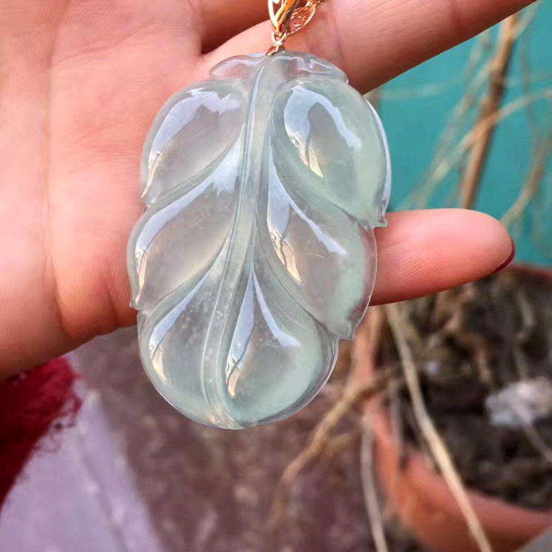 【定制】缅甸天然A货翡翠冰种玻璃种飘花18K玫瑰金镶嵌叶子吊坠