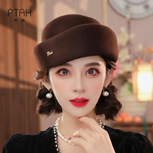 布塔元宝帽复古高端圆顶羊毛呢贝雷帽女秋冬时尚百搭毛毡帽PT1440
