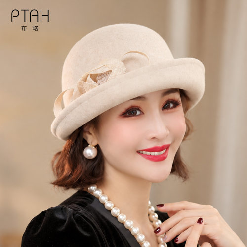 布塔法式优雅花朵装饰100%羊毛呢礼帽女秋冬显脸小女士帽子PT1470