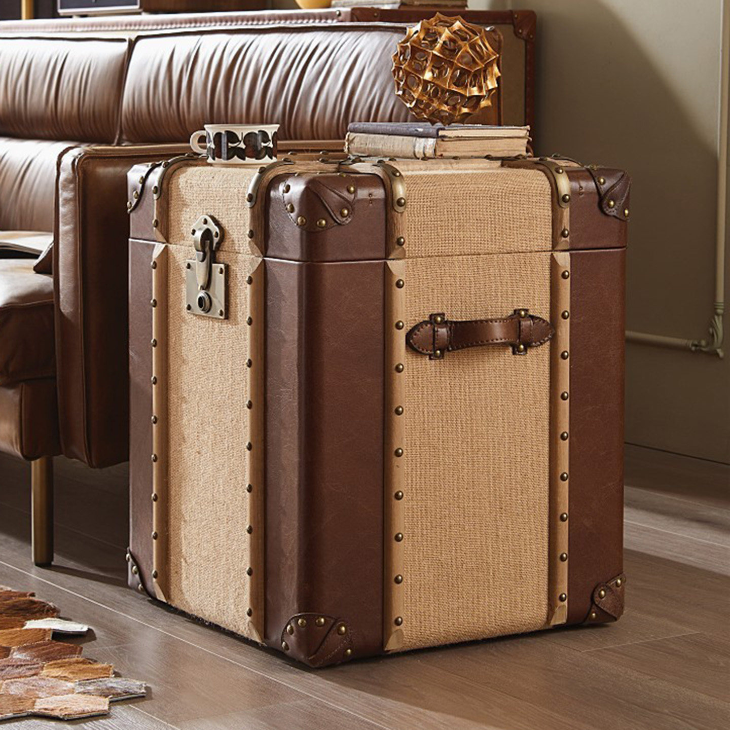 美式乡村复古酒柜客厅茶几中古做旧柳钉酒店英伦帆布铁艺皮箱角几