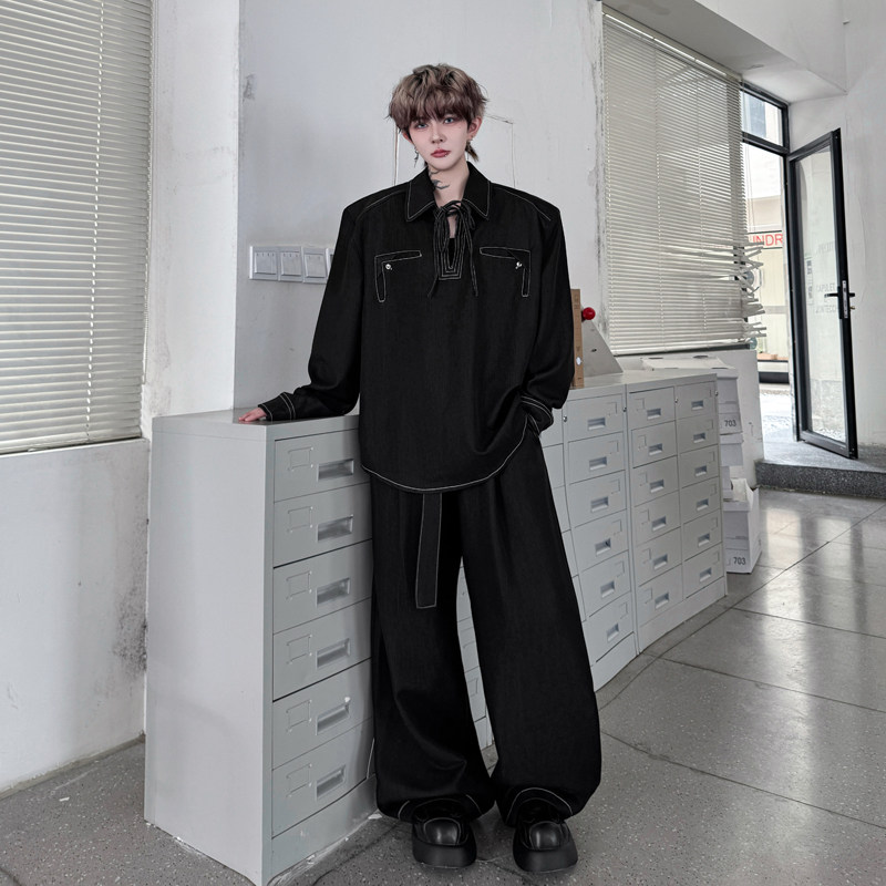 2025网红同款牛仔明线三角标长袖套装男秋冬季时尚韩版长裤两件套