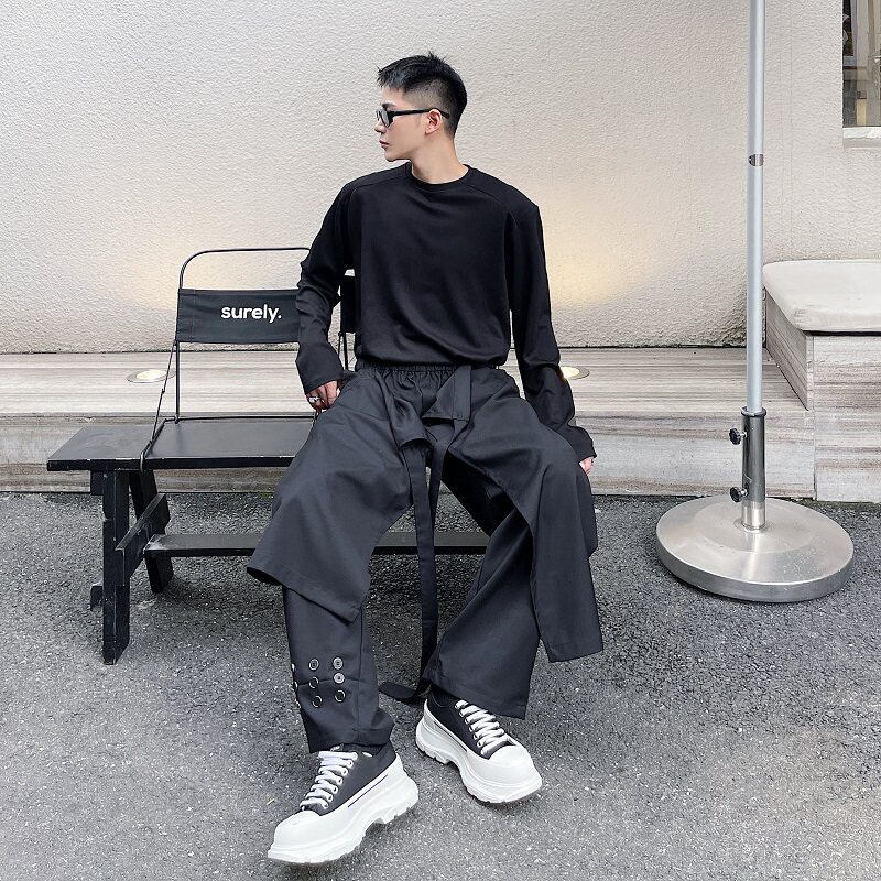 武士暗黑系多纽扣男山本风宽松机能阔腿裤假两件飘带设计九分裤潮