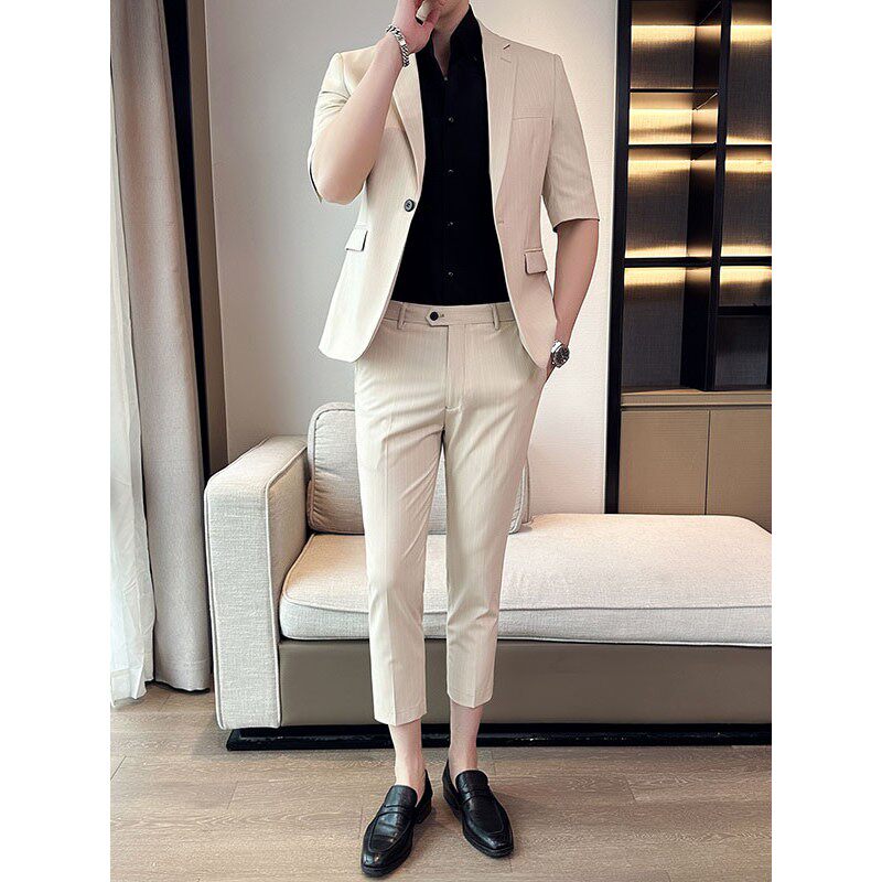 夏季薄款条纹西服短袖外套七分袖男修身休闲西裤套装男友西装一套