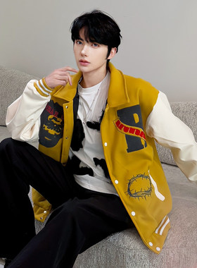 杨博文同款翻领棒球服男秋冬季美式复古网红拼接撞色工装黄色夹克