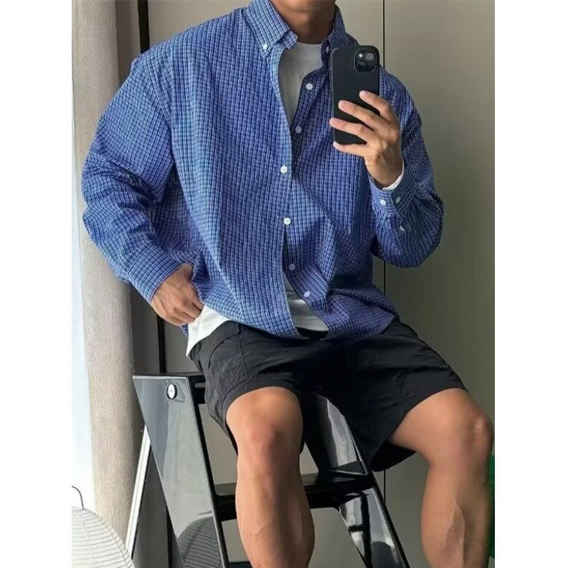 美式复古格纹衬衣蓝色男士长袖衬衫男高级感痞帅成熟稳重男装上衣