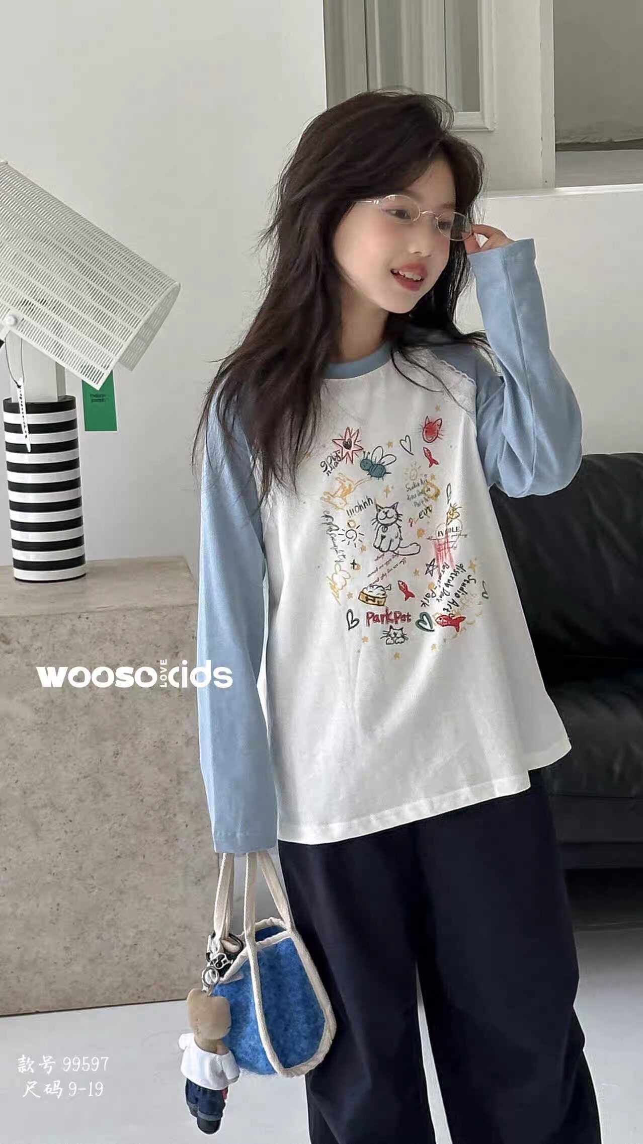 吾束品牌童装韩国童装长袖秋款亲子女童涂鸦打底衫插肩袖T恤120码