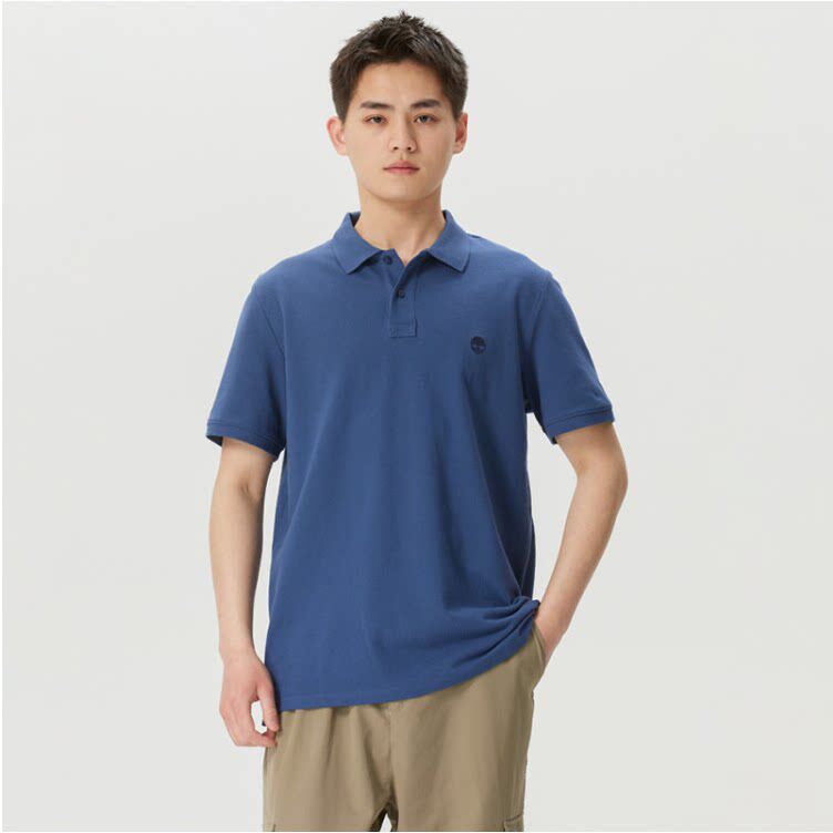 TIMBERLAND添柏岚男士蓝色翻领POLO衫短袖商务通勤T恤A24H2EYO
