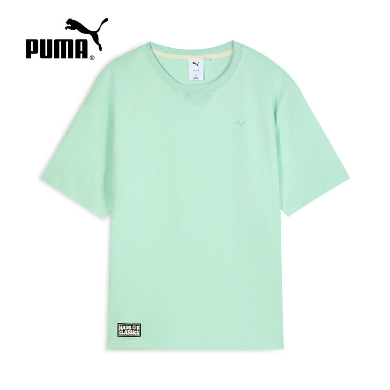 PUMA彪马廓形徽章圆领半截袖2025秋薄荷绿男女短袖T恤 631558-45