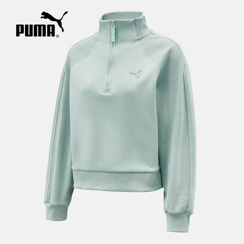 PUMA彪马加绒拼接半拉链套头衫25冬女运动保暖针织卫衣 635727-82