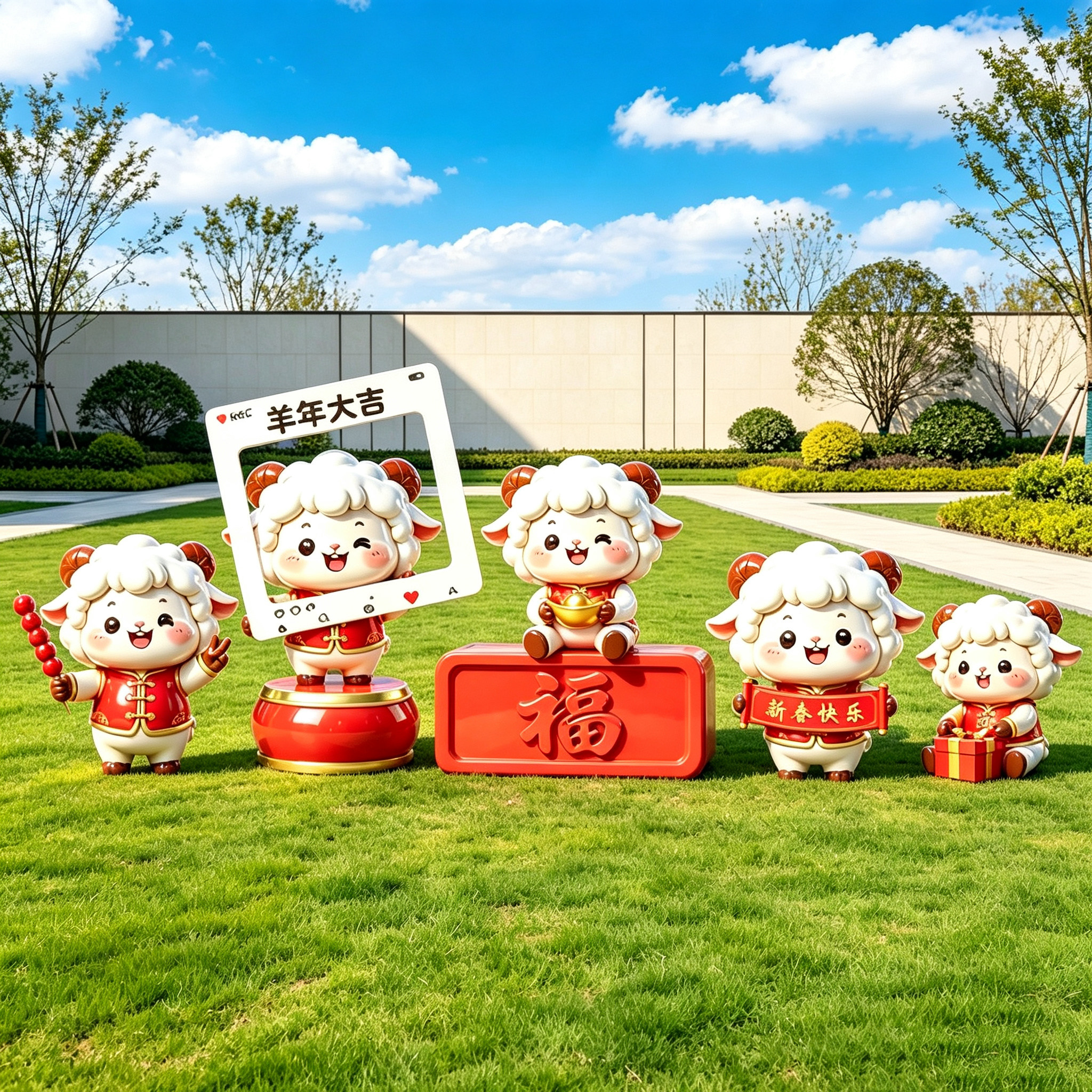 羊年大吉卡通玻璃钢绵羊雕塑新年打卡相框摆件户外广场新春装饰品