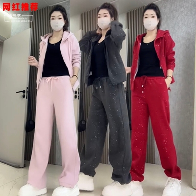 2025年冬季时尚新款潮流休闲洋气感亮晶晶加厚连帽外套裤子套装女