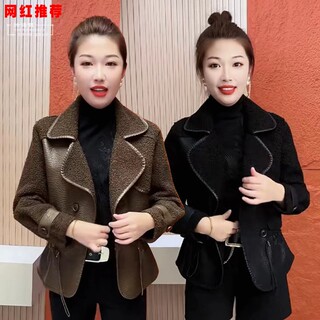 网红款时尚气质皮毛一体外套女2023秋冬新款百搭西装领腰抽绳上衣