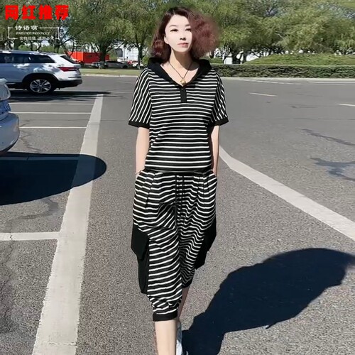 欧货条纹休闲运动套装女2025夏季新款时尚宽松显瘦连帽卫衣两件套
