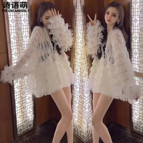 夏季新品韩版甜美网纱蕾丝菲边气质宽松圆领长袖超仙防晒服上衣衫