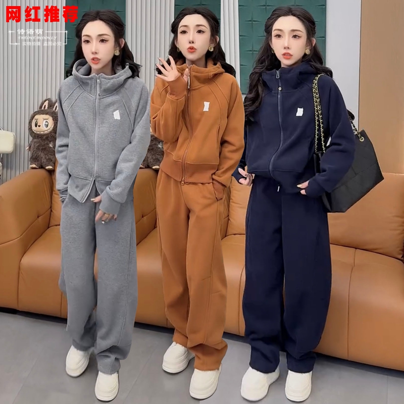 网红秋冬新款加绒加厚运动套装女连帽卫衣长裤保暖洋气休闲两件套