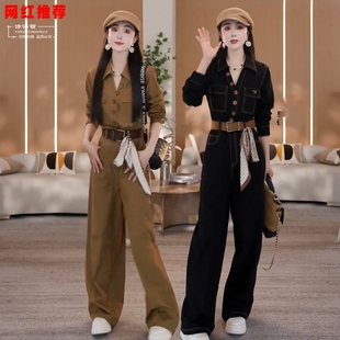 连体裤 连身裤 2025春秋新款 法式 收腰显瘦休闲工装 网红洋气减龄长袖