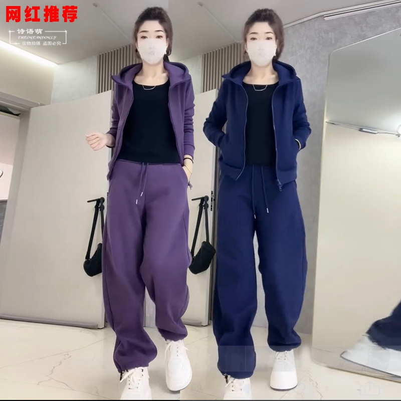 休闲运动套装女秋冬新款时尚洋气加绒加厚连帽卫衣外套卫裤两件套