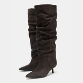 百搭休闲时装 ZA2025秋冬新款 气质磨砂皮褶皱尖头猫跟堆堆靴时尚 靴