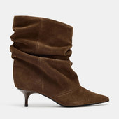 ZA2025秋冬新款 百搭短靴 牛反绒褶皱猫跟短筒靴尖头气质堆堆靴时尚