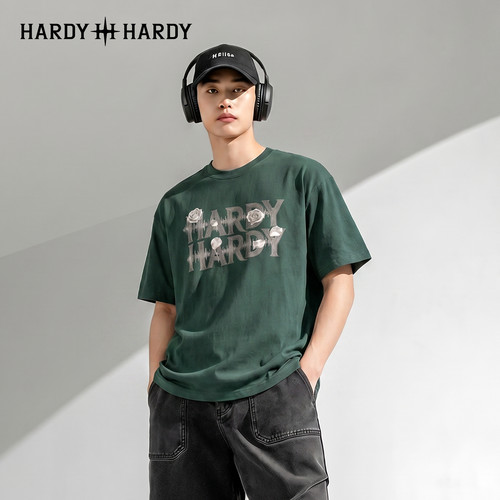 HARDY HARD潮牌重磅纯棉立体字母+玫瑰声波设计高街潮牌宽松短袖