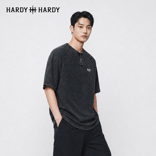HARDY HARDY高街Vibe风做旧水洗亨利领T恤插肩袖显瘦设计男女同款