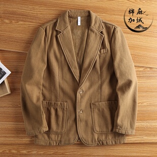 日系苎麻加厚西服男宽松通勤休闲外套秋冬季 抗皱复古棉麻加绒西装