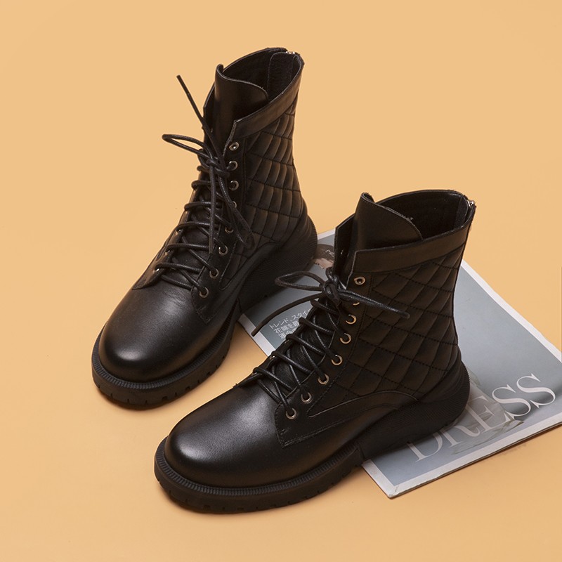 真皮系带软底后拉链圆头短靴真皮