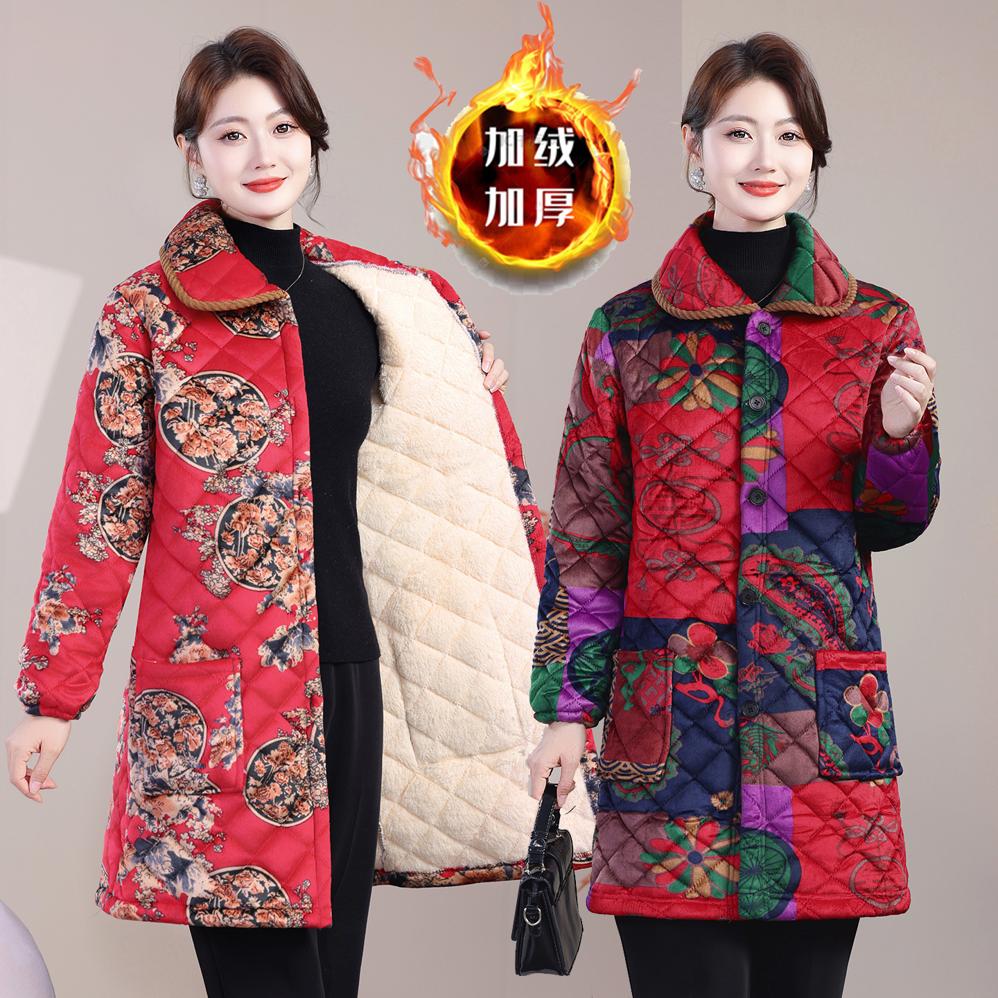 冬季加绒加厚棉衣中老年妈妈